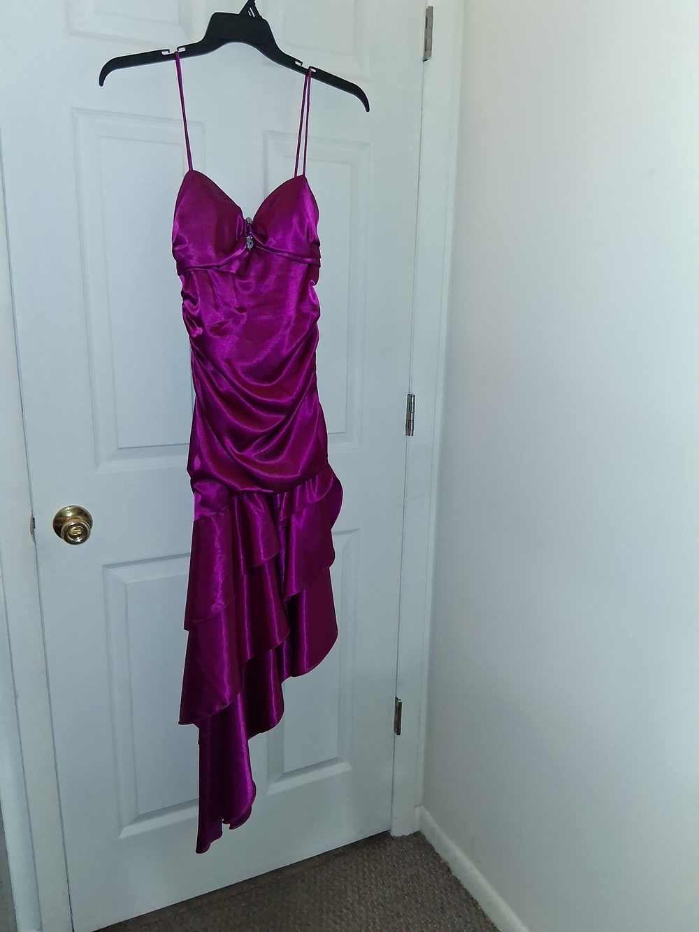 Blondie Nites Fuchsia Satin Asymmetrical Ruffled High-Low Dress